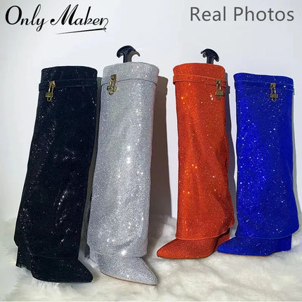 Onlymaker Women’s Rhinestone Knee-High Party Boots