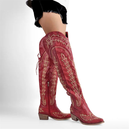 Onlymaker Women’s Red Thigh-High Embroidered Cowboy Boots