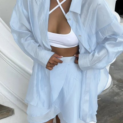 VEITCHE Linen Two-Piece Set – Long Sleeve Shirt & Mini Skirt Beachwear