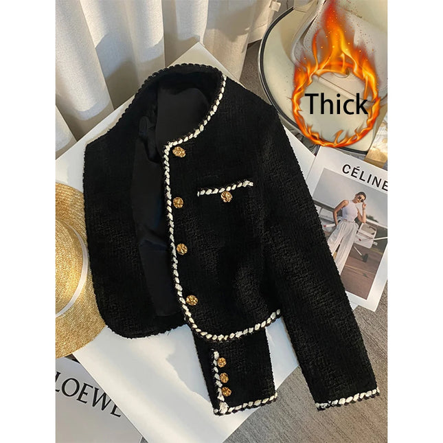 MEXZT Vintage Tweed Cropped Jacket – Elegant Quilted Black Blazer