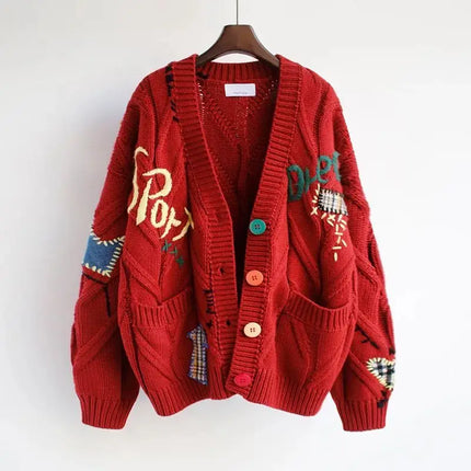 Women’s V-Neck Embroidered Patchwork Knit Cardigan