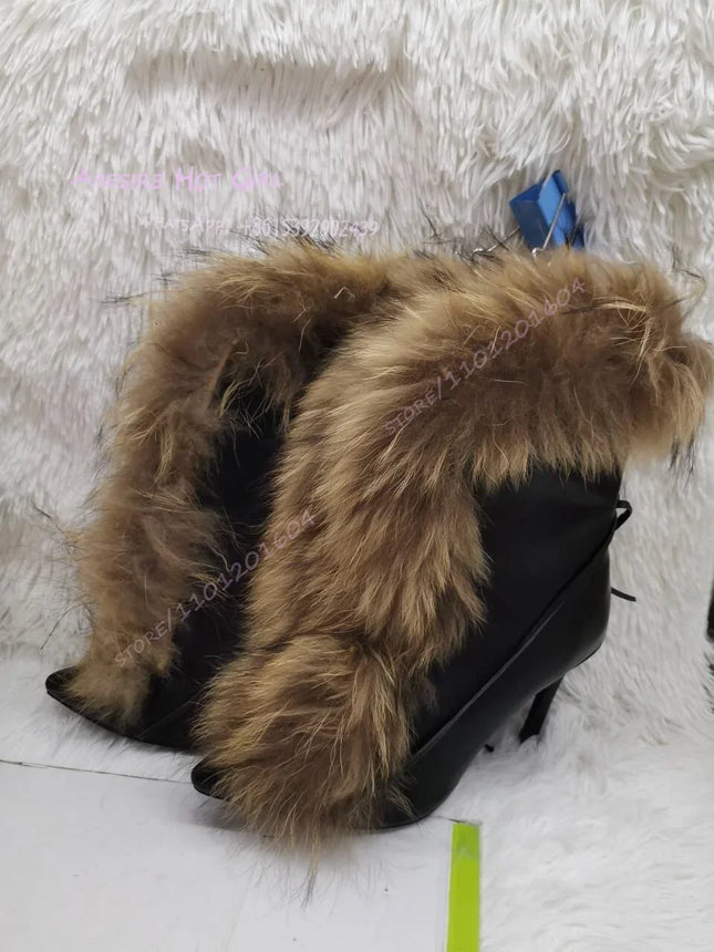 Women’s Black & Brown Plush Cross-Lace Stiletto Booties