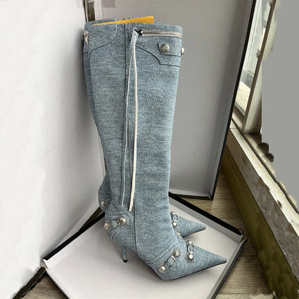 Women’s Pointed Rivet Tassel Knee-High Boots with Side Zip