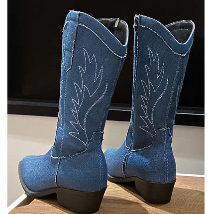 2024 Blue Denim Mid-Calf Embroidered Cowboy Boots