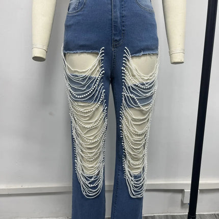 CM.YAYA Women’s Pearl Beaded Ripped Tassel Wide-Leg Jeans