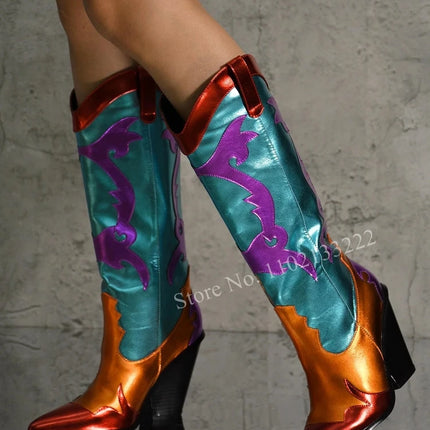 Women’s Retro Multicolor Mid-Calf Chunky Heel Boots