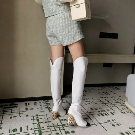 Rhinestone Cowhide Mid-Knee Heeled Boots