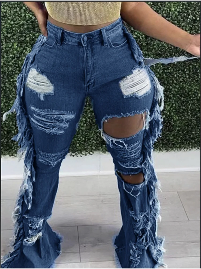 Women’s Blue Ripped Bell-Bottom Jeans