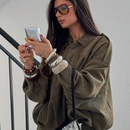 TRAFZA Brown-Green Suede Bomber – Vintage Motorcycle Jacket
