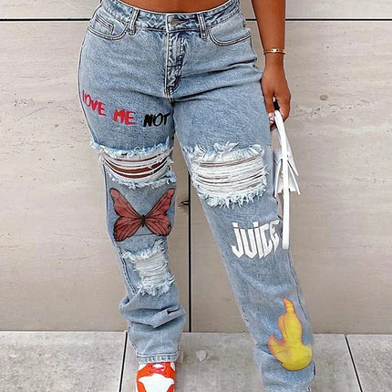 Women’s High-Waist Butterfly Print Ripped Straight Jeans
