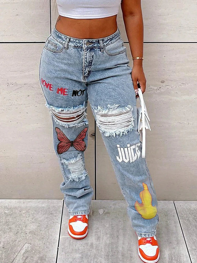Women’s High-Waist Butterfly Print Ripped Straight Jeans