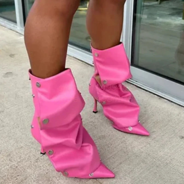 Women’s Pink Pleated Mid-Calf Patent Boots with Pointed-Toe Heels