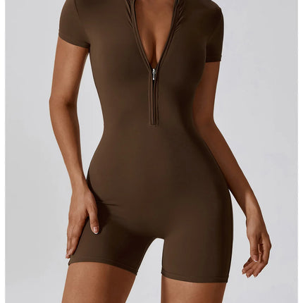 Short Sleeve Zipper Yoga Jumpsuit Romper for Women