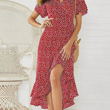 Boho Floral Wrap Maxi – Summer Beach Ruffle Dress