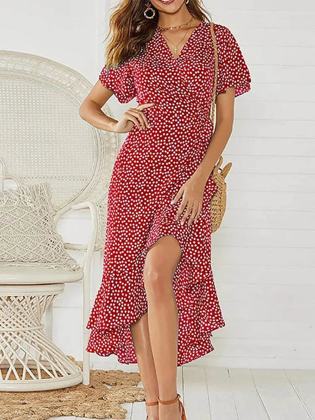 Boho Floral Wrap Maxi – Summer Beach Ruffle Dress