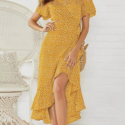 Boho Floral Wrap Maxi – Summer Beach Ruffle Dress