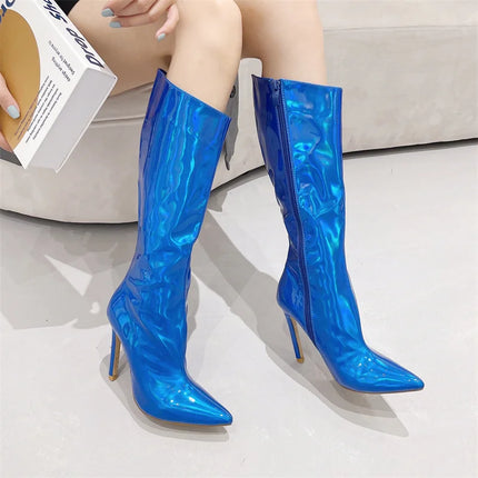 Liyke Women’s Green Patent Leather Knee-High Heels