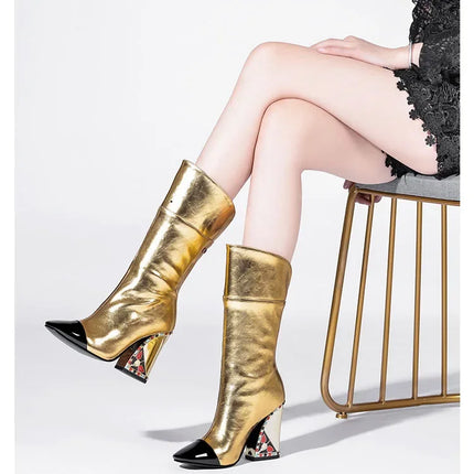 Rhinestone Cowhide Mid-Knee Heeled Boots