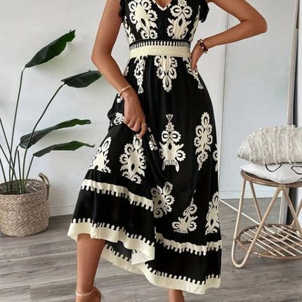 Elegant V-Neck Floral Geometric Dress – Vacation & Beachwear