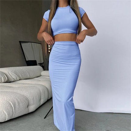 Slim Solid Two-Piece Set – Casual O-Neck Tee & Hip Skirt