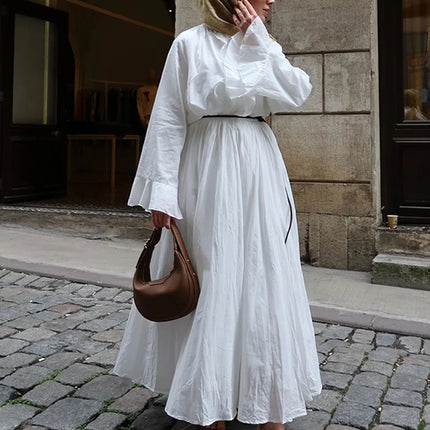 Ruffle Flare Sleeve Set – Lace-Up Shirt & Pleated High-Waist Skirt