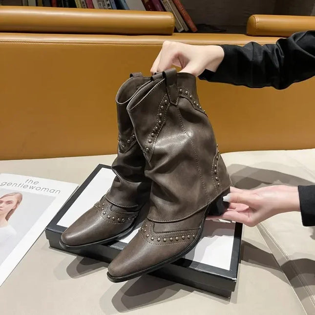 Retro Mid-Calf Pointed Toe Western Boots for Women