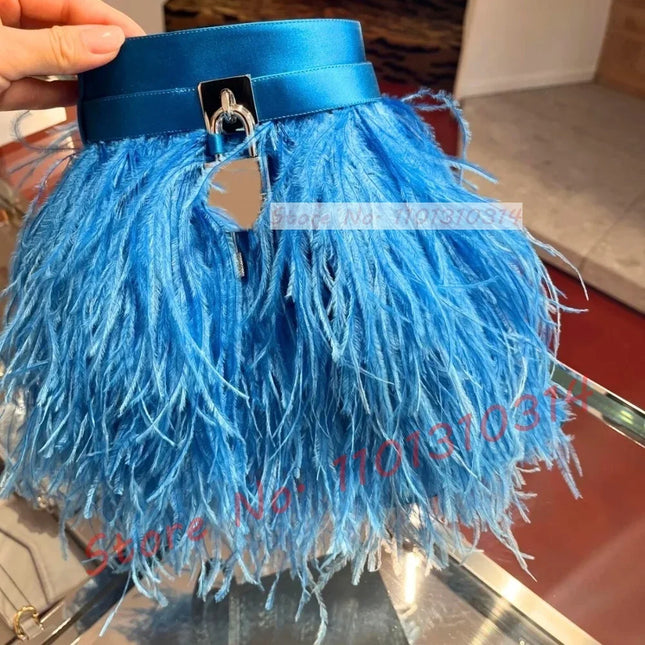 Women’s Blue Ostrich Feather Ankle Heels with Metal Lock