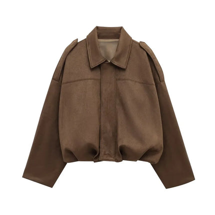 MUJER 2025 Oversized Suede Bomber – Padded Varsity Streetwear Coat