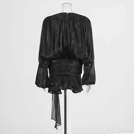 TWOTWINSTYLE V-Neck Mini Dress – Spliced Lace-Up Sweet Blouse