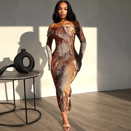 Y2K Off-Shoulder Bodycon – Sexy Printed Nightclub Dress