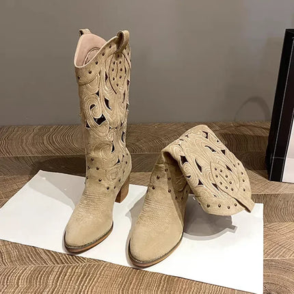 2025 Vintage Hollow Embroidered Knee-High Western Boots