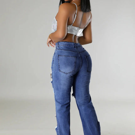 CM.YAYA Women’s Pearl Beaded Ripped Tassel Wide-Leg Jeans