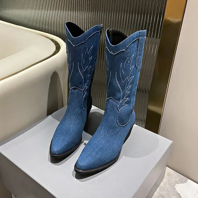 2024 Blue Denim Mid-Calf Embroidered Cowboy Boots