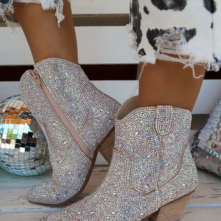 2024 Women’s Glitter High Heel Western Ankle Boots