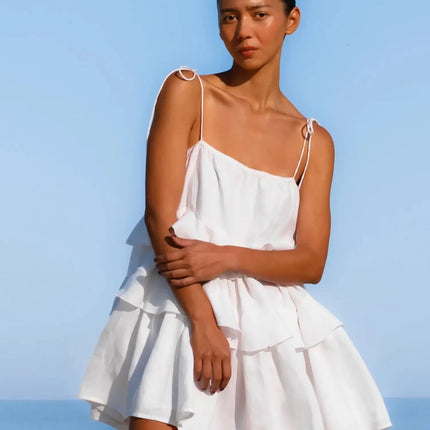 Wolfeel Classic White Cotton Mini Dress – Sexy Summer Ruffle