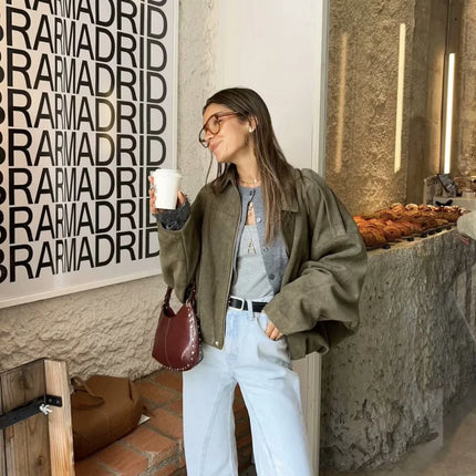 ETJ 2025 TRAF Suede Effect Loose Lapel Bomber Jacket