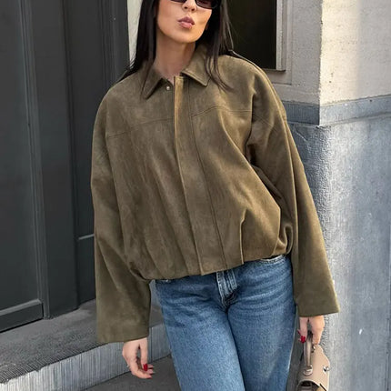 TRAFZA Brown-Green Suede Bomber – Vintage Motorcycle Jacket