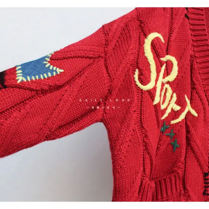 Women’s V-Neck Embroidered Patchwork Knit Cardigan