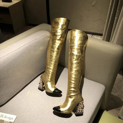 Rhinestone Cowhide Mid-Knee Heeled Boots