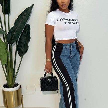 Women’s Patchwork Striped High-Waist Wide-Leg Jeans