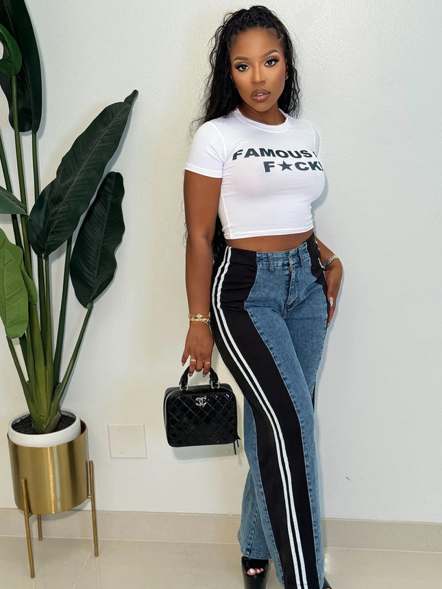 Women’s Patchwork Striped High-Waist Wide-Leg Jeans