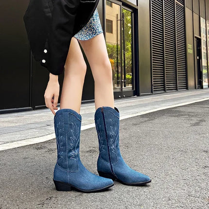 2024 Blue Denim Mid-Calf Embroidered Cowboy Boots