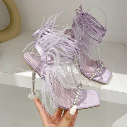 Eilyken Women’s Fuzzy Feather Transparent High-Heel Sandals
