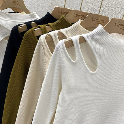 Women’s Hollow-Out Turtleneck Ribbed Knit Sweater