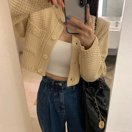 Women’s O-Neck Cropped Knit Cardigan with Pockets
