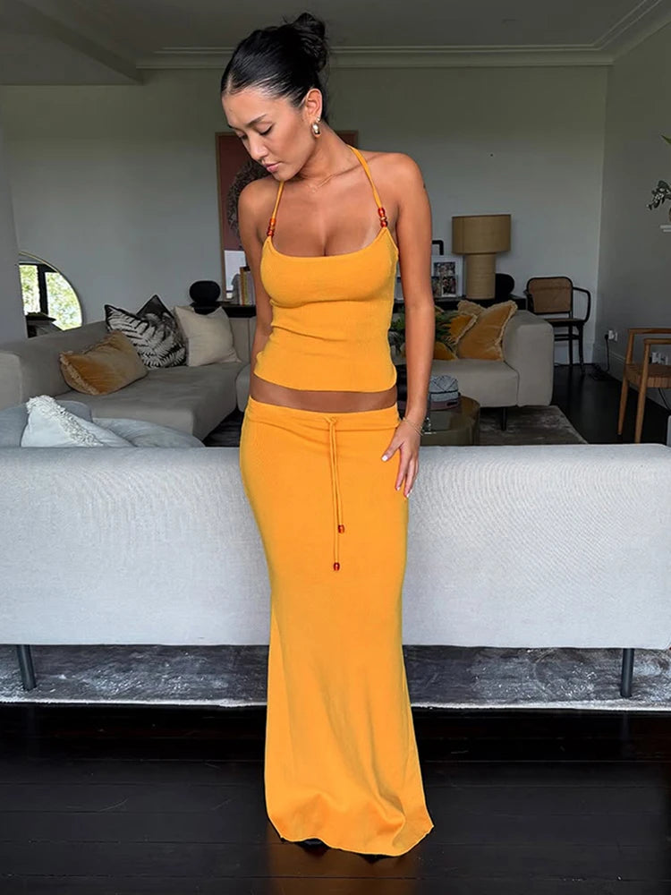 Sisterlinda Bandage Halter Set – Backless Tank & Maxi Skirt Suit