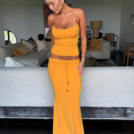 Sisterlinda Bandage Halter Set – Backless Tank & Maxi Skirt Suit