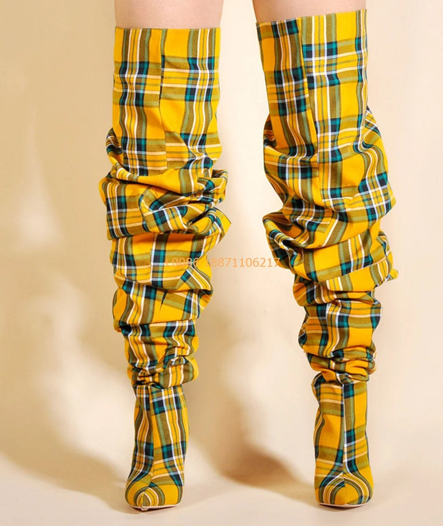 Women’s Plaid Over-the-Knee Pointed-Toe Stiletto Boots