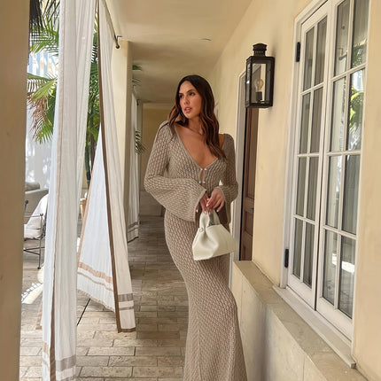 See-Through Deep V Knit Cover-Up – Sexy Backless Beach Dress