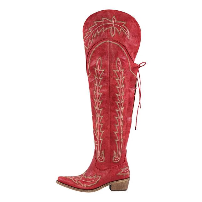 Onlymaker Women’s Red Thigh-High Embroidered Cowboy Boots